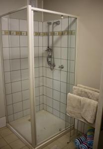 um chuveiro com uma porta de vidro na casa de banho em Spring Homestead em Howard Springs