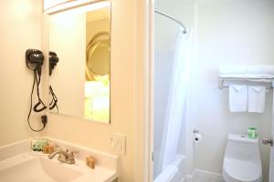 a bathroom with a sink and a mirror and a toilet at Travelodge by Wyndham Crescent City in Crescent City