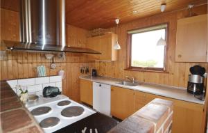 a kitchen with a stove and a sink and a window at Awesome Home In Hvide Sande With Sauna in Havrvig