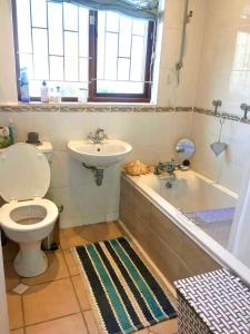 a bathroom with a toilet and a sink and a tub at The Speckled Egg, 4 Promenade Rd, Lakeside, Cape Town in Cape Town