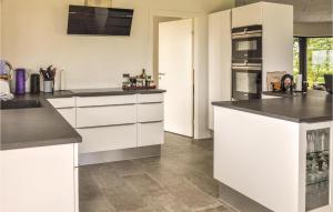 HesselagerにあるFour-Bedroom Holiday Home In Hesselagerの白いキャビネットと黒いカウンタートップを備えたキッチン