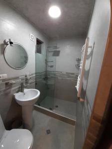 a bathroom with a shower and a toilet and a sink at Apartment borjomi, Erekle street, 21A in Borjomi
