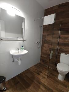 een badkamer met een toilet, een wastafel en een douche bij PROMENADE in Podersdorf am See