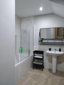 a bathroom with a sink and a shower and a mirror at Duplex Jalama II in Moraleja
