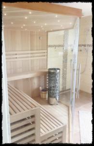 a sauna with a trash can in a room at Design Apartment Harz-Relax in Harzgerode +32 photos