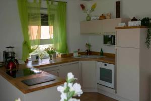 a kitchen with white cabinets and a green curtain at Design Apartment Harz-Relax in Harzgerode