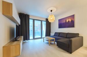 Residence Port Karolina في براغ: غرفة معيشة مع أريكة وتلفزيون