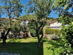 podwórze z dwoma drzewami i domem w obiekcie Aosta Mountain House- Casa La Chapelle w Aoście