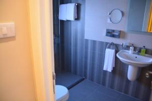 a bathroom with a shower and a toilet and a sink at The Y Hotel in Amman