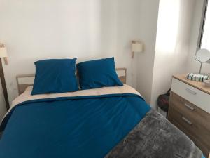 a bedroom with a bed with blue pillows at Joli appartement quartier historique in Moulins