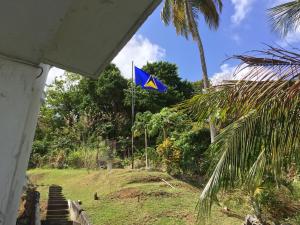 a blue and yellow flag flying on a hill at Harbour Vista Inn in Castries