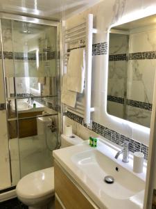 een badkamer met een wastafel, een toilet en een spiegel bij Charmant Duplex Trouville-Deauville in Trouville-sur-Mer