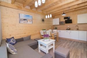 ein Wohnzimmer mit Couch und Küche in der Unterkunft Domki Wakacyjne Wybrzeże in Mielno