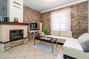 ein Wohnzimmer mit einem Sofa und einem Kamin in der Unterkunft Rural House Gluic in Bogatić