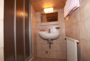 特林斯的住宿－Klauserhof，浴室配有白色水槽和淋浴。