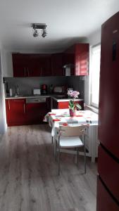 una cocina con armarios rojos y una mesa con flores. en Meublé de charme proche du centre ville, en Niederbronn-les-Bains