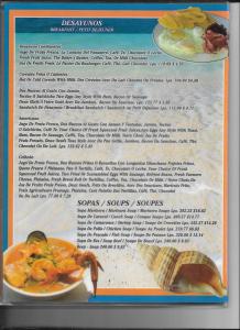 a menu for a restaurant with a plate of food at La Delphina Bed and Breakfast Bar and Grill in La Ceiba