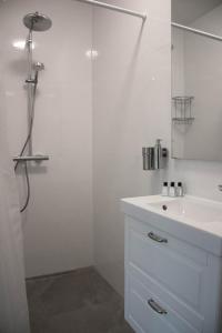 un bagno bianco con lavandino e doccia di B&B Mondriaan ad Amsterdam
