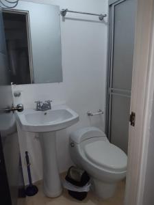卡利的住宿－Estadia del Lili，白色的浴室设有卫生间和水槽。