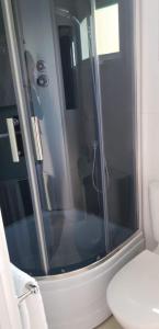 a bathroom with a glass shower with a toilet at Inn Seaclusion in Devonport