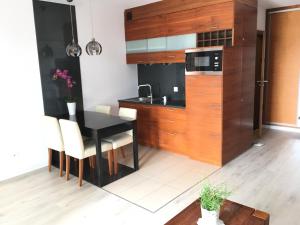 a kitchen with a black table and a counter at Apartament Willa Port in Ostróda