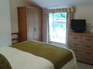 um quarto com uma cama, uma televisão e uma janela em Millcroft em Penrith