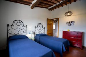 2 camas en un dormitorio con sábanas azules y cómoda roja en Casale rinnovato immerso nella campagna con splendida piscina privata, en Capannori