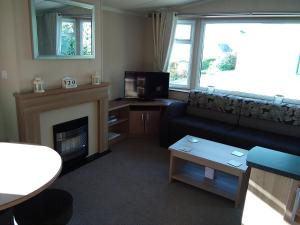 a living room with a couch and a fireplace at A11 Hendre Coed Isaf static caravan in Barmouth