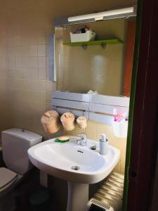 a bathroom with a sink and a toilet and a mirror at Apartamento a pie de pistas La Molina con vistas in La Molina