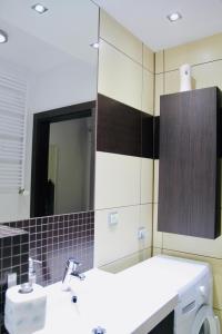 a bathroom with a white sink and a mirror at Aqua Villa 4 in Jurata