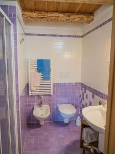 a purple bathroom with a toilet and a sink at Casa 1885 in Belluno