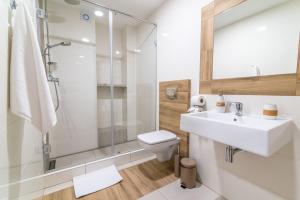 een badkamer met een wastafel, een douche en een toilet bij Apartamenty Pod Niedźwiedziem II in Zakopane