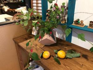 a table with a potted plant and fruits on it at Hotel Wish HANA in Otsu