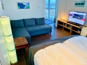 a living room with a blue couch and a tv at Brún in Laugaras