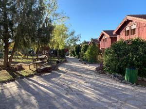una calle adoquinada en una localidad con árboles y bancos en Cabañas Buenache en Buenache de la Sierra