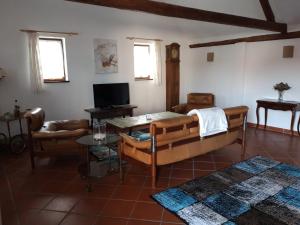 a living room with a couch and a table at Diebacher Hof in Büdingen