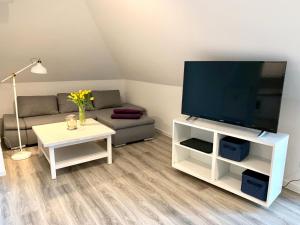 ein Wohnzimmer mit einem Flachbild-TV und einem Sofa in der Unterkunft Ferienwohnung Bad Saarow in Bad Saarow