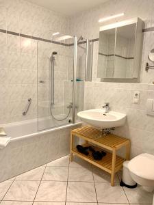 ein Bad mit einem Waschbecken, einer Dusche und einem WC in der Unterkunft Ferienwohnung Bad Saarow in Bad Saarow