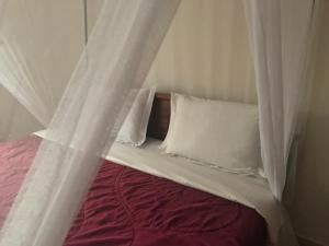 a bed with a canopy with two pillows and avertisement at Le Parlour in Boma la Ngombe