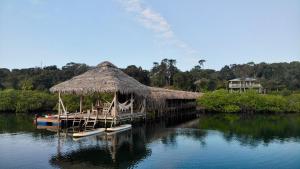 eine Anlegestelle mit Booten und eine Hütte auf dem Wasser in der Unterkunft Lima Limón Eco-House in Bocas del Toro