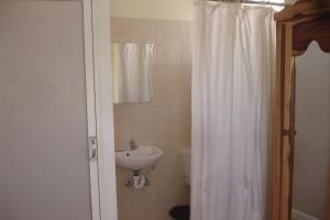 een badkamer met een wastafel, een toilet en een douchegordijn bij Finjam Cottage in Port Antonio