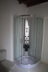 a glass shower in a bathroom with a toilet at Casa Do Refugio in Covilhã