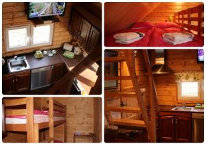 four pictures of a cabin with a ladder and a kitchen at Domek Triftberg in Chojna