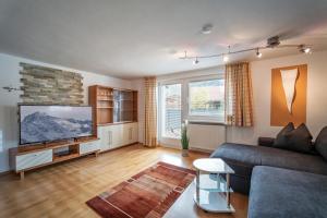 a living room with a couch and a flat screen tv at AlpenLiving in Mayrhofen