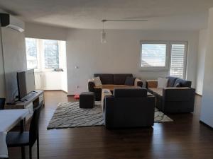 a living room with two couches and a tv at Villa Fruit Garden in Sarajevo
