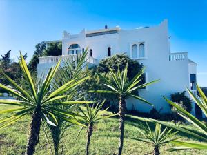 una casa blanca con palmeras delante en Villa Dar Jbila Tanger en Tánger