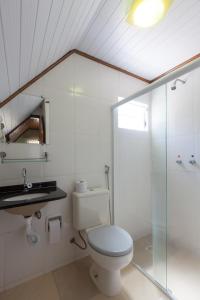 uma casa de banho com um WC e uma cabina de duche em vidro. em Hotel Shangrila Nova Friburgo em Nova Friburgo