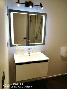 a bathroom with a sink and a large mirror at CBD Grampians studio in Nelson