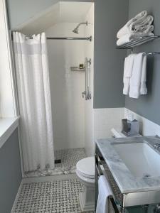 a bathroom with a shower and a toilet and a sink at Granville Inn in Granville