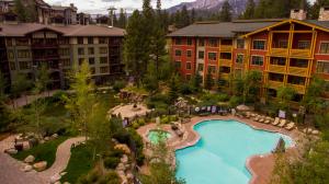 an aerial view of a resort with a swimming pool at White Mountain Lodge #2329 in Mammoth Lakes